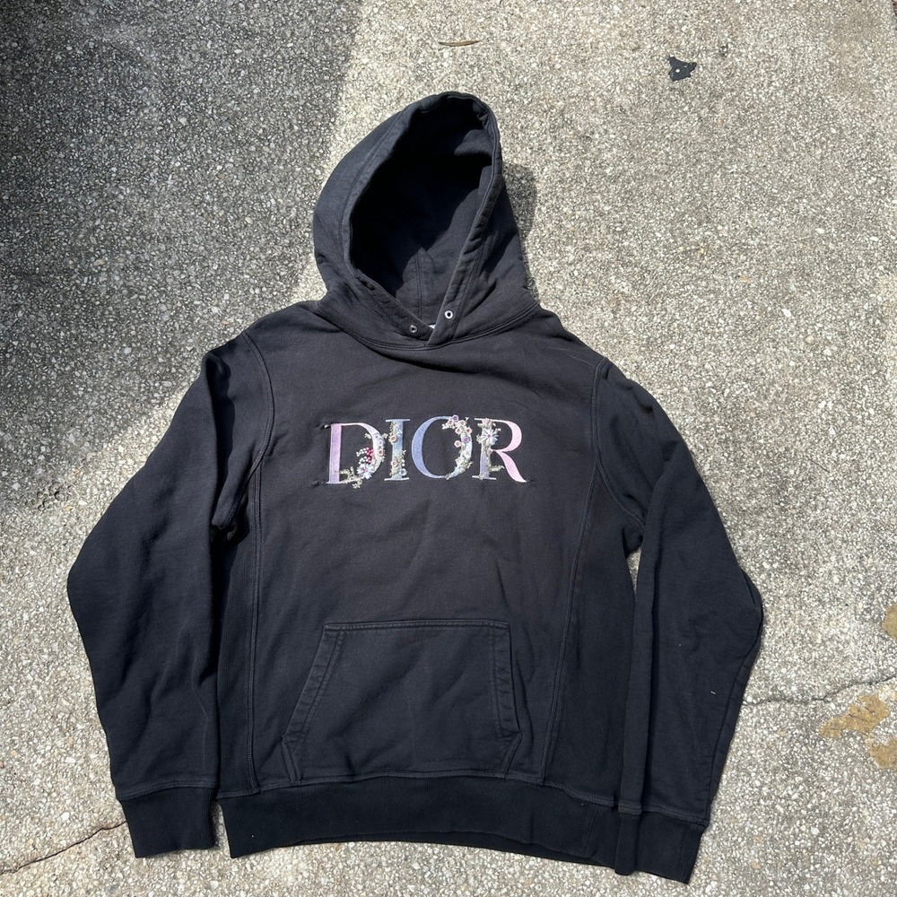 Dior Floral Logo Embroidered Hoodie Ribbon Logo Black Cotton Mens Small